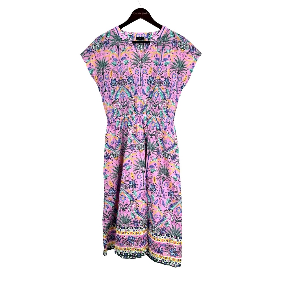 Talbots Voile Dress Pink Bird And Palms Women Sz MP Petite Fit Flare Tropical N4